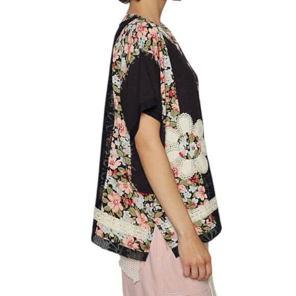 POL Floral Lace Patchwork Top-BLACK S/M/L NIP POL SHORT SLEEVE PATCH - Picture 13 of 16
